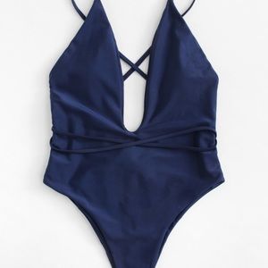 Navy One-piece Plunge Swimsuit